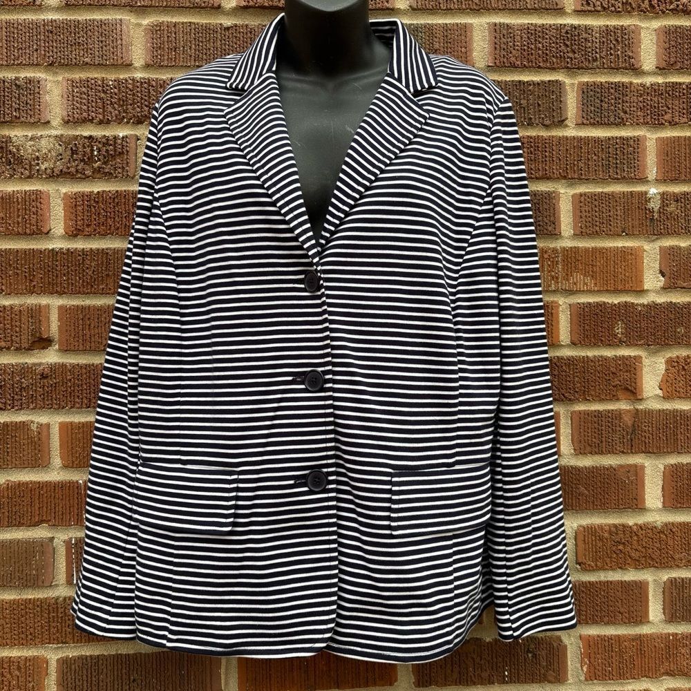 Talbots Blazer Women Size XL Black White Stripes Cotton Blend Nautical